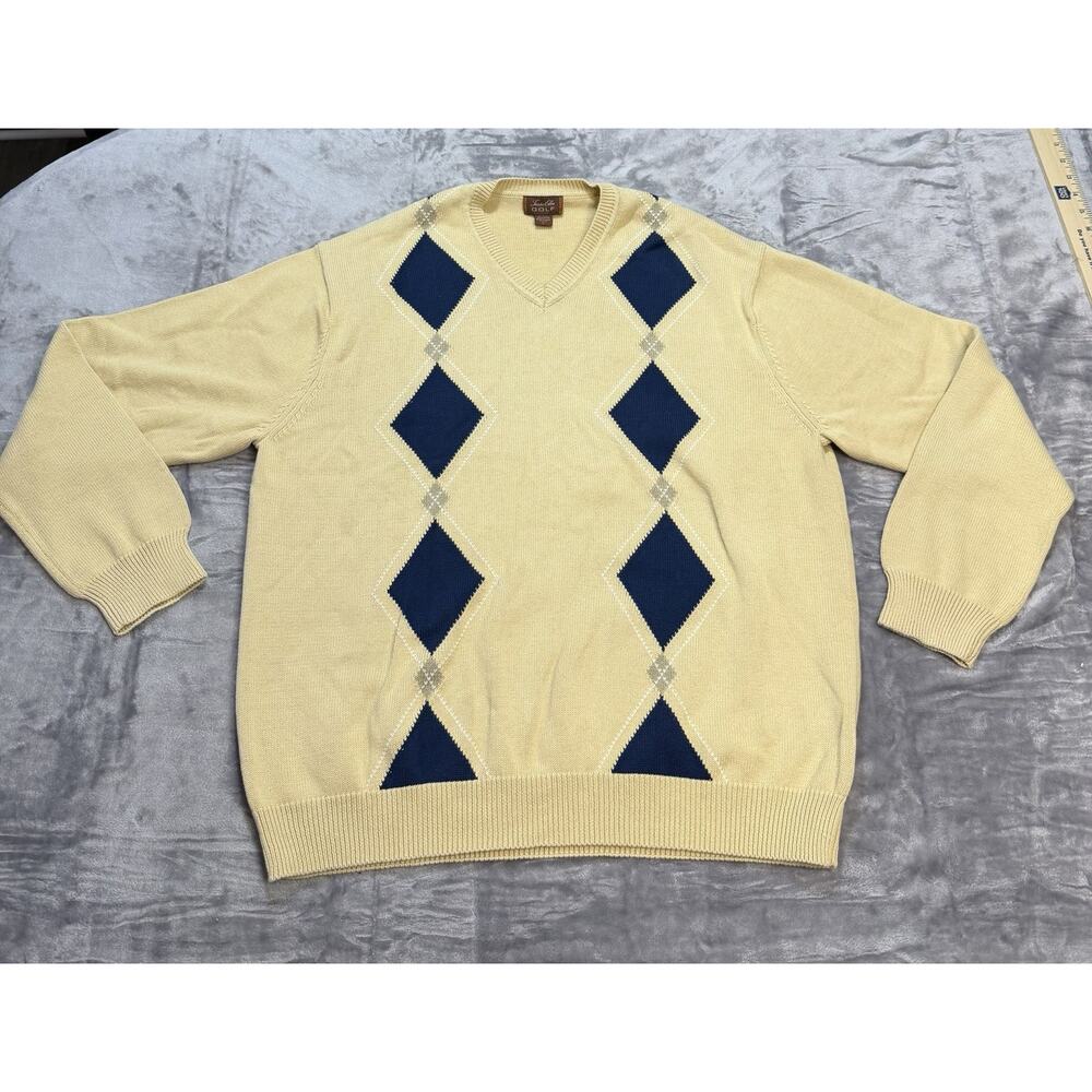 Tasso Elba Golf V-Neck Argyle Cotton Knit Sweater Mens Large Tan/Navy Pattern